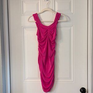 Girls Bright Pink Shiny Sleeveless Bodycon Dress Ruching Detail 12Y
